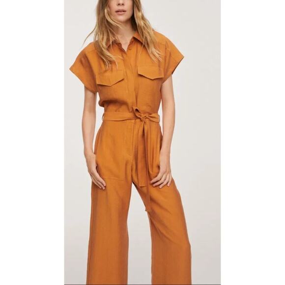 Mango Lyocell Jumpsuit With Belt Straight Leg Utility Pockets Mustard Size XXL - Picture 1 of 13